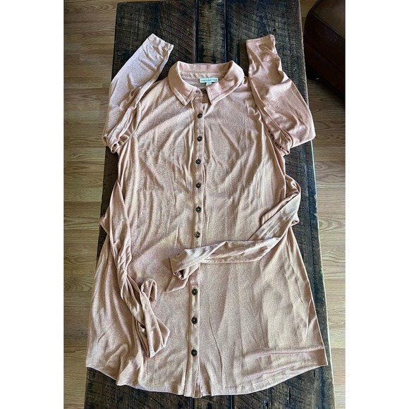 And Now This Salmon colored belted front tie button down shift shirt lined dress - Picture 4 of 10